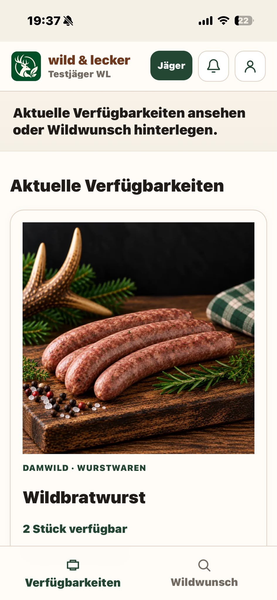Echte wild & lecker Kundenansicht mit aktuellen Verfügbarkeiten